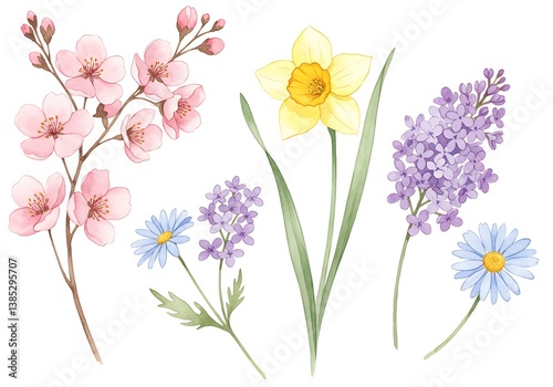Delicate watercolor blossoms: a spring bouquet of cherry, daffodil, lilac, and daisy, showcasing soft pastel hues and graceful lines.