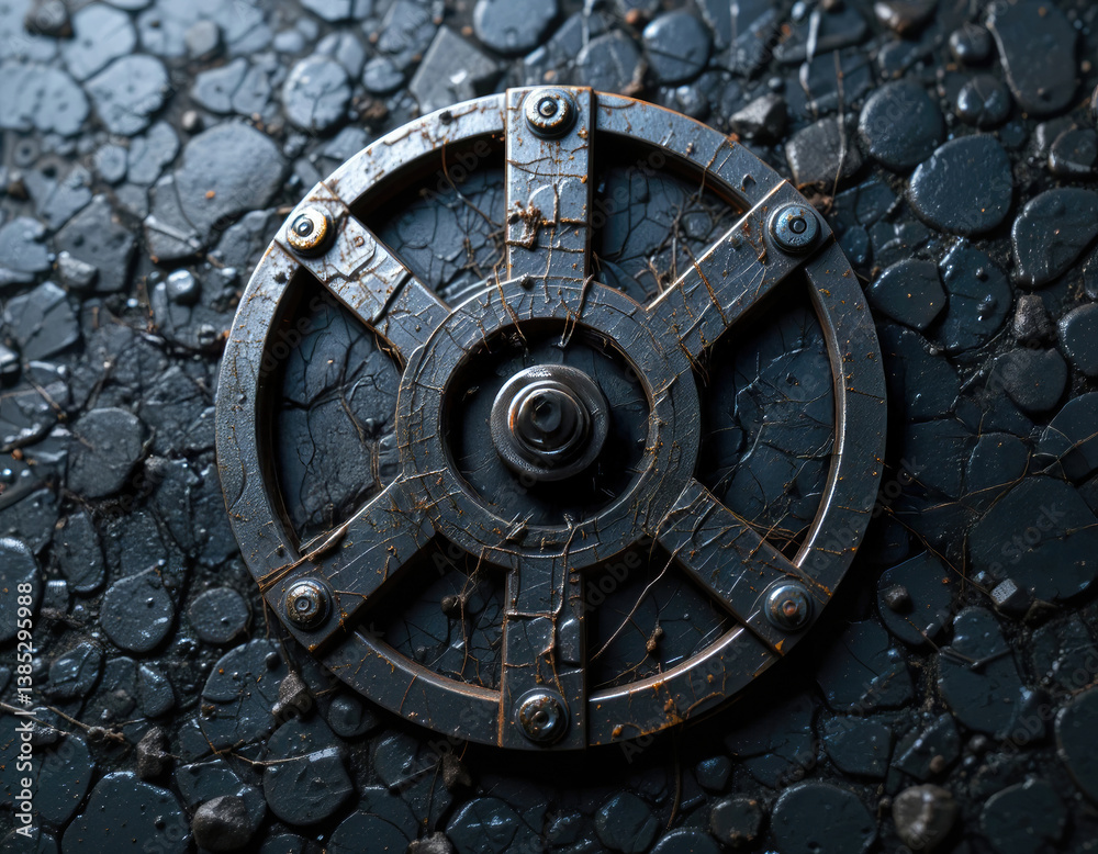 Naklejka premium Industrial Metal Valve Wheel on Cracked Surface Close-up Texture