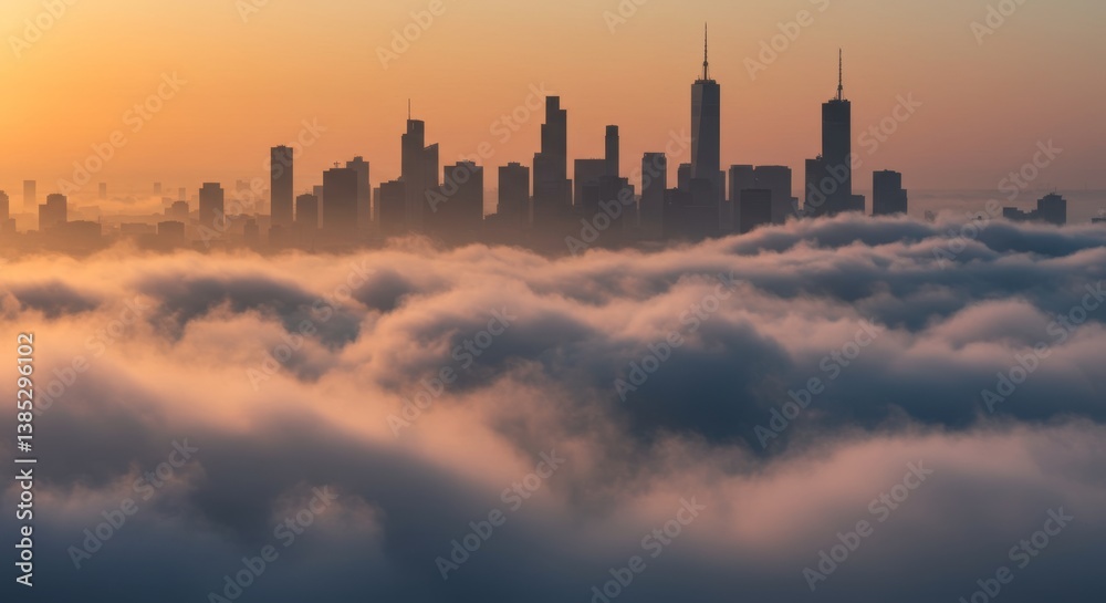 Fototapeta premium Skyscrapers rise above a sea of clouds, illuminated by the warm hues of sunrise