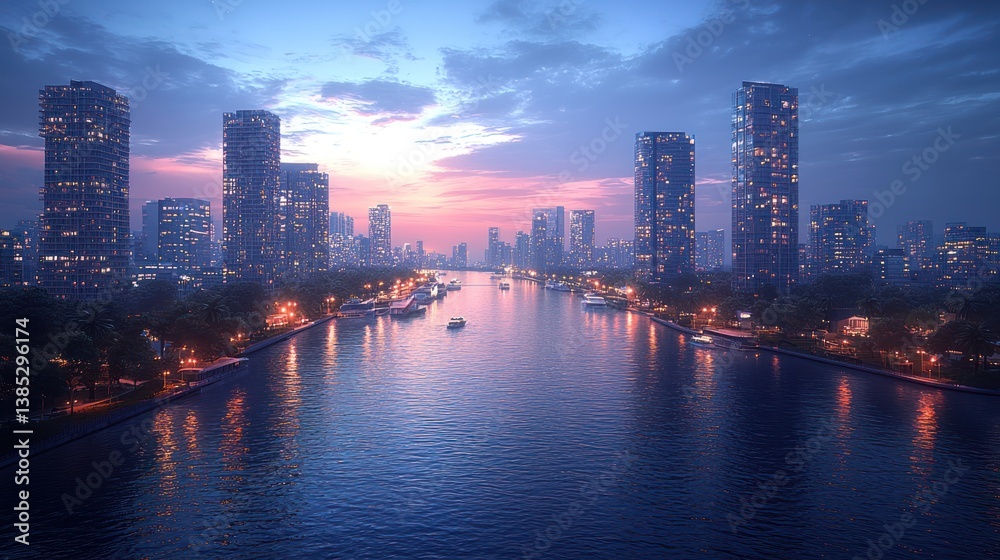 Fototapeta premium Cityscape twilight river sunset aerial view, urban waterfront, boats, buildings