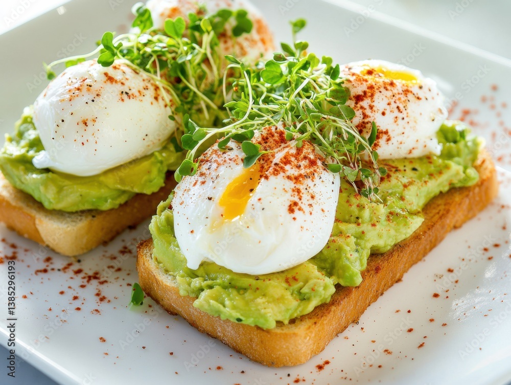 A plate of avocado toast topped with poached eggs and microgreens. Featuring health and elegance