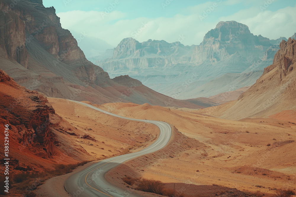 Naklejka premium Empty road winding through desert landscape reflected in stock photo