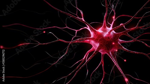 The image shows a detailed rendering of a neuron, its soma glowing red, and numerous dendrites extending outward against a black background.