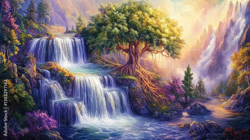 Obraz premium Majestic Waterfall, Ancient Tree, Mountain Valley, Sunrise, Fantasy Art