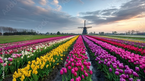 Colorful tulip field with traditional windmill under dramatic sky at sunrise in scenic Dutch countryside

