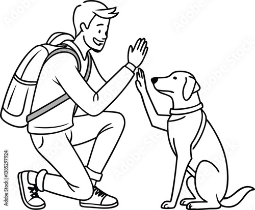 Cartoon vector art shows a man and dog, a playful comic illustration