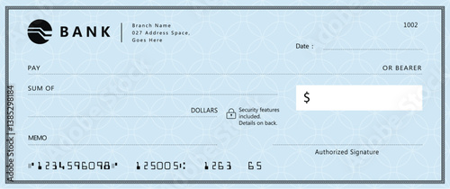 Blue Bank check, vector blank money cheque, checkbook template with guilloche pattern and fields. Currency payment coupon, money check background	