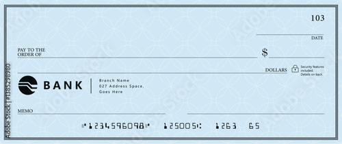 Blue Bank check, vector blank money cheque, checkbook template with guilloche pattern and fields. Currency payment coupon, money check background	