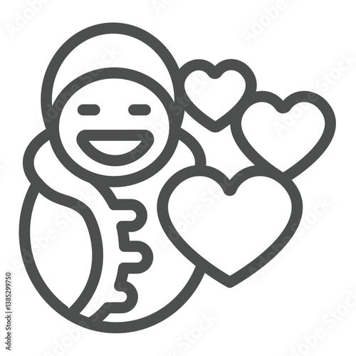 Baby child in swaddling clothes and hearts line icon, charity concept. Vector graphics. Children clothes, donations sign on white background, outline style icon for mobile or web design.