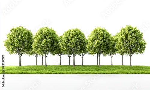 Row of lush trees on grassy hill against white background photo