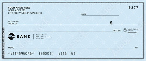 Blue Bank check, vector blank money cheque, checkbook template with guilloche pattern and fields. Currency payment coupon, money check background	