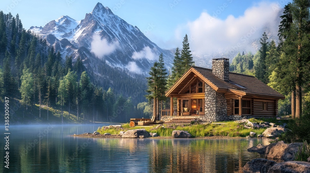 Naklejka premium Mountain lake cabin sunrise serenity escape