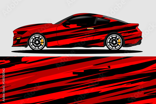 Red sports car with dynamic stripes parked on a sleek surface, showcasing modern design and style