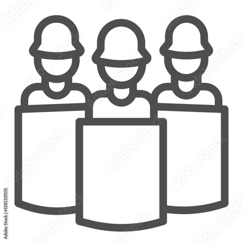 Police men with shields line icon, law enforcement concept. Vector graphics. Defenders team, people sign on white background, outline style icon for mobile or web design.