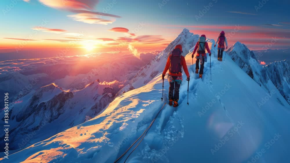 Successful men walk top of alps mountain. Fun adventure. Hikers achieve high rock peak. Travel success freedom motivation concept. Tourists climbers go hike enjoy view. Backpacker explore epic journey