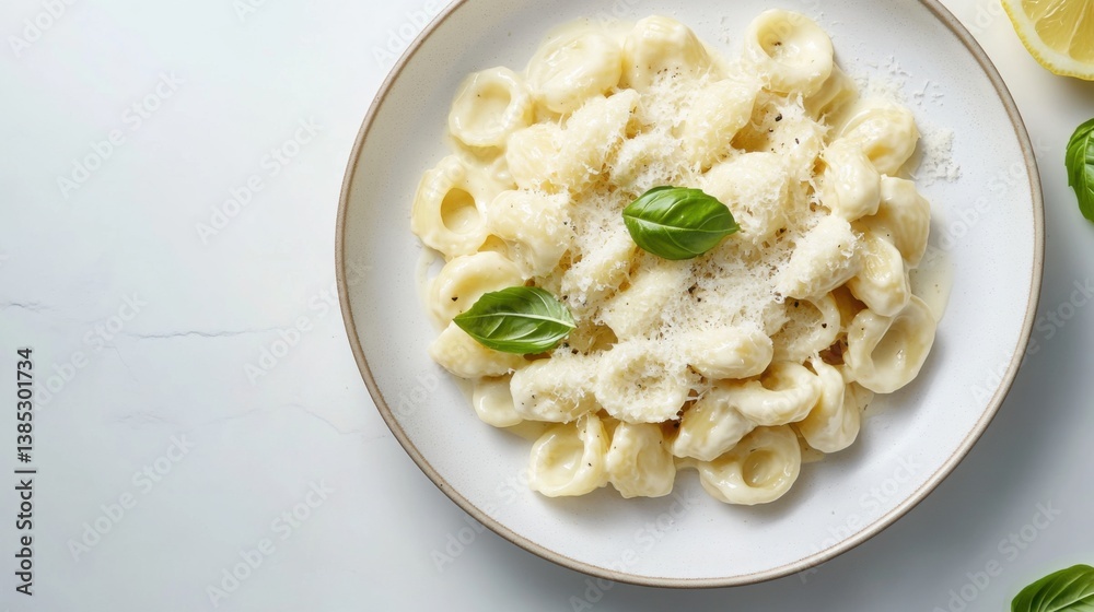 A plate of creamy pasta with fresh basil and parmesan cheese. Featuring richness and comfort A plate of creamy pasta with fresh basil and parmesan cheese. Featuring richness and comfort