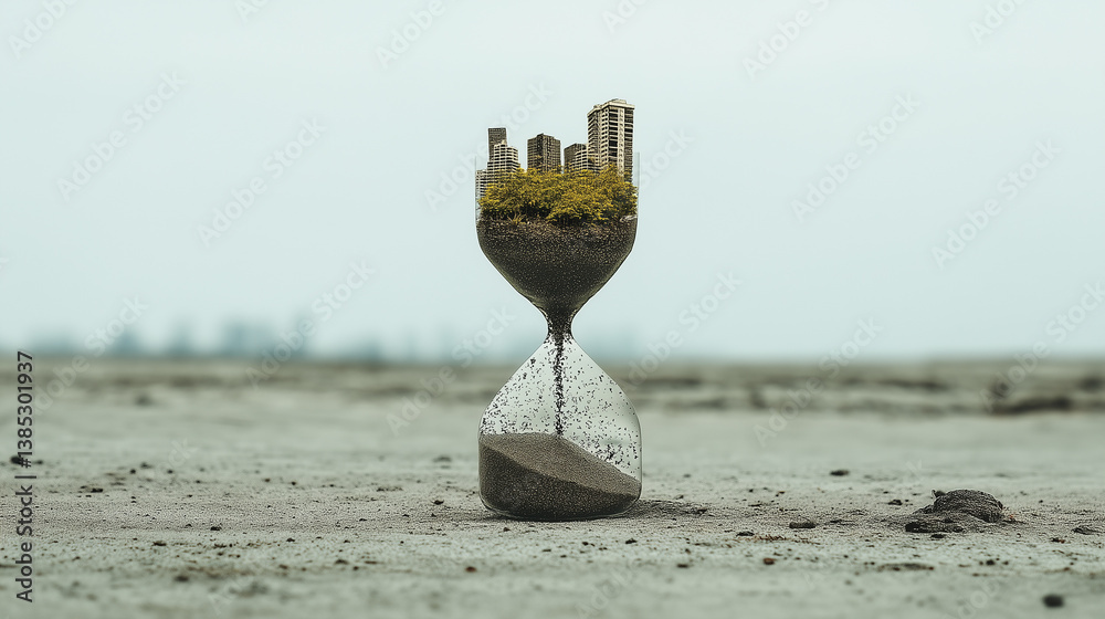 Deserted world with city and forest inside glass hourglass symbolizing time, isolation and ecological warning