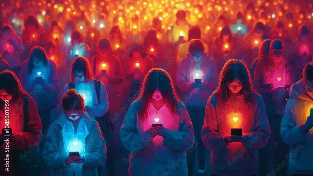 Cell phone addiction concept. Many teens hold smart device. Social media like obsession. Online communication problem. People watch mobile gadget screen. Art illustration. Cyberspace internet network.