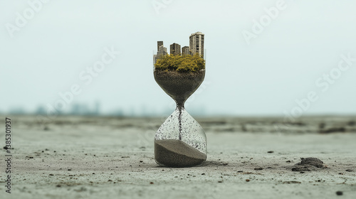 Obraz na płótnie Deserted world with city and forest inside glass hourglass symbolizing time, isolation and ecological warning w salonie