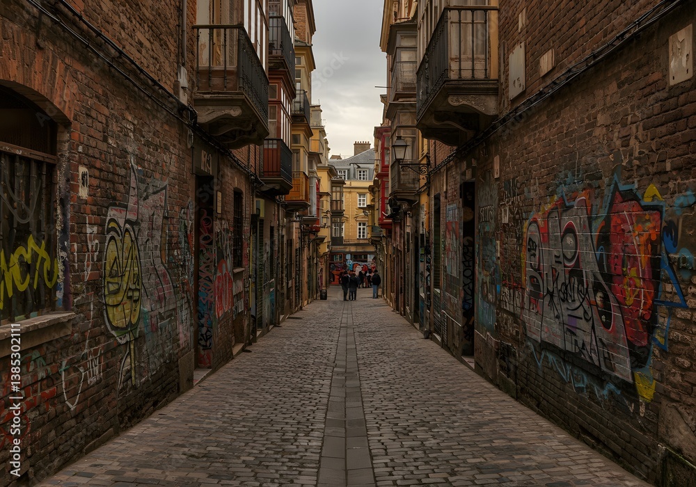 Fototapeta premium Atmospheric Urban Alleyway Historic Brick Buildings, Graffiti Art, Cobblestone Street, People Walking