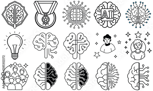 Illustration set featuring brain, AI, medal, lightbulb, people, and creativity, symbolizing innovation, achievement, and technology.
