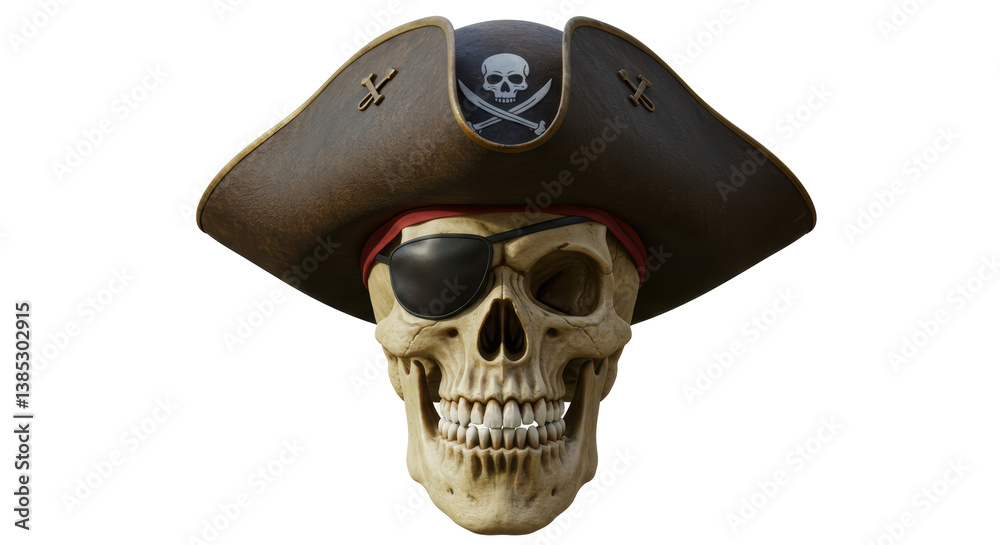 Naklejka premium Isolated Pirate Skull with Eyepatch and Hat for Halloween