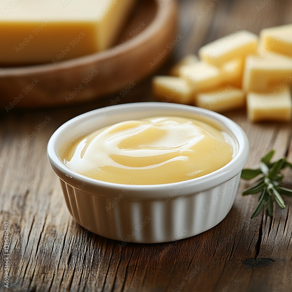 Savory Creamy Butter in a White Bowl Placed Next to Chopped Cheese on Wood Surface : Generative AI