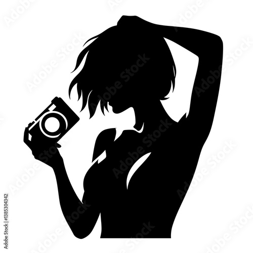 Woman holding camera vector silhouette illustration