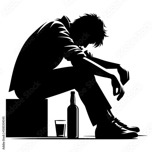 Depressed man with alcohol bottle vector silhouette