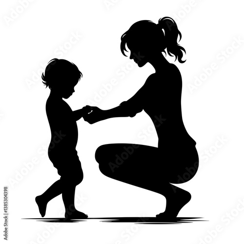 Mother helping child vector silhouette illustration