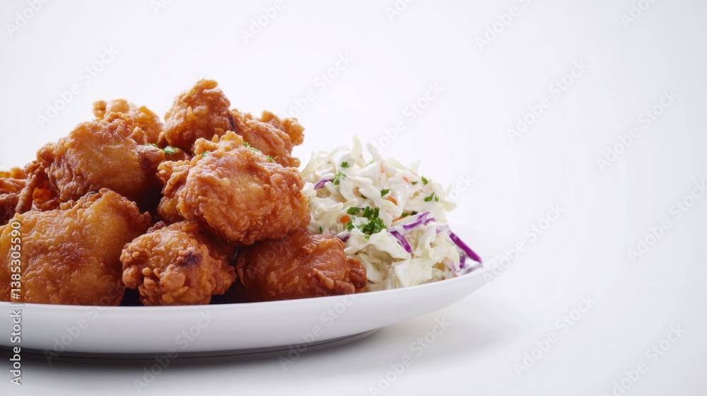 A plate of crispy fried chicken with a side of coleslaw. Featuring indulgence and comfort A plate of crispy fried chicken with a side of coleslaw. Featuring indulgence and comfort