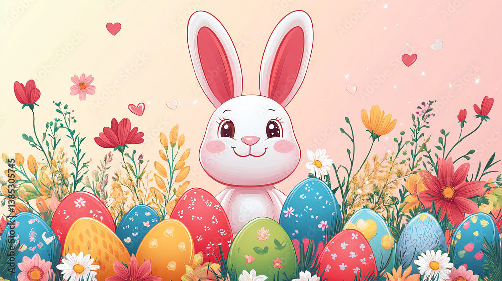 Retro illustration of cartoon easter bunny on Easter hunt