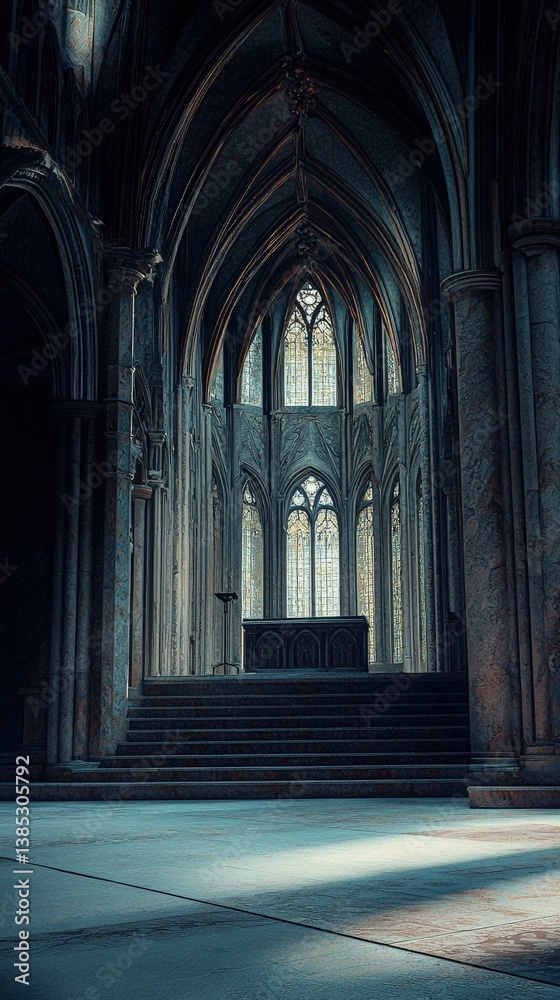 Fototapeta premium a gothic church interior with a stone altar and stained glass windows 