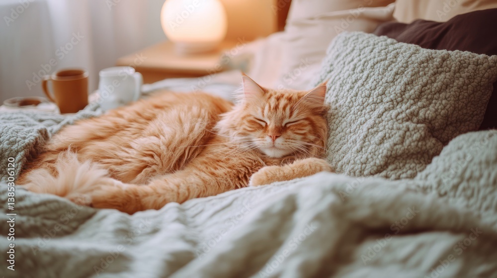 Obraz premium Ginger cat sleeping peacefully on a bed