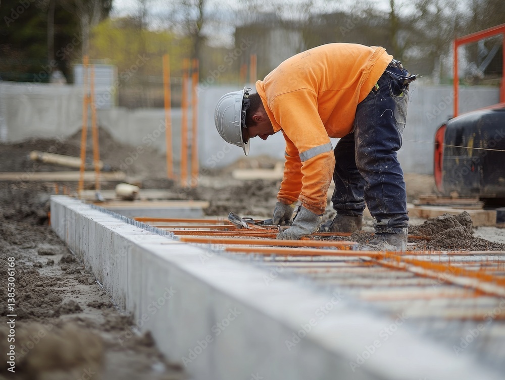 A construction worker inspecting a foundation at a building site. Featuring attention to detail and planning A construction worker inspecting a foundation at a building site. Featuring attention to detail and planning
