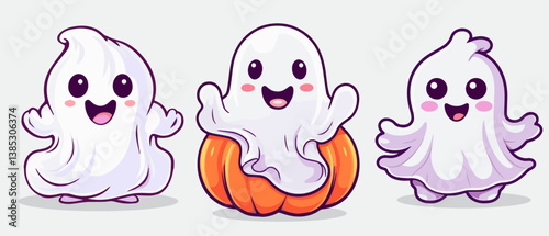 Cute kawaii Halloween ghost characters for holiday celebration , funny happy ghosts with pumpkin , vector illustration design.