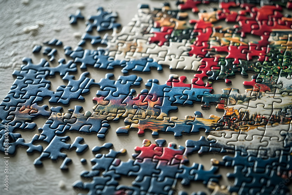 Fototapeta premium Intricate close-up of a partially completed jigsaw puzzle with holiday images
