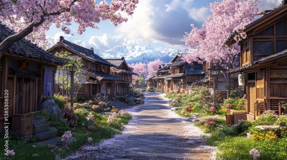 Springtime Village Path, Mountain View, Cherry Blossoms Springtime Village Path, Mountain View, Cherry Blossoms
