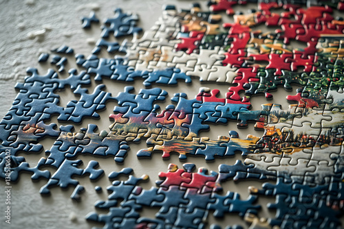 Intricate close-up of a partially completed jigsaw puzzle with holiday images