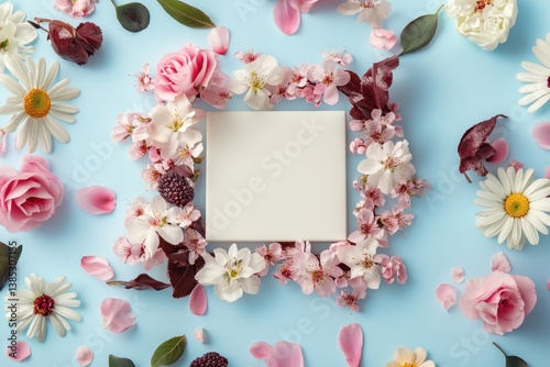 A decorative floral arrangement with a central blank square space