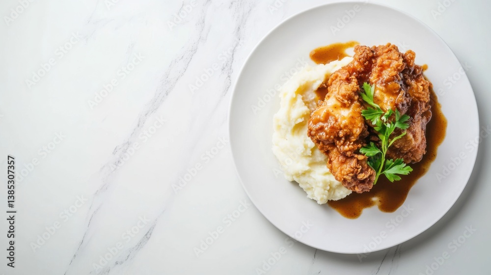 A plate of crispy fried chicken with mashed potatoes and gravy. Featuring comfort and flavor