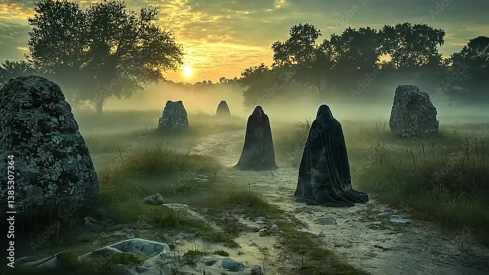 Hooded figures walking a path between ancient stones at sunrise, shrouded in mist.
