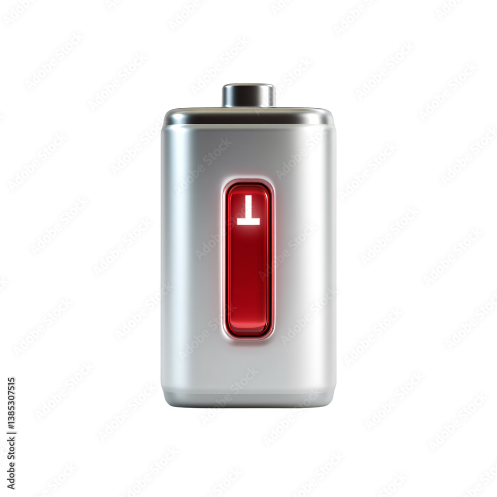 Low battery indicator with red bar on a silver battery, symbolizing energy crisis, power shortage, and the need for recharge on a transparent background