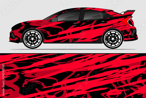 Stylish red and black sports car design showcasing dynamic graphics against a neutral background