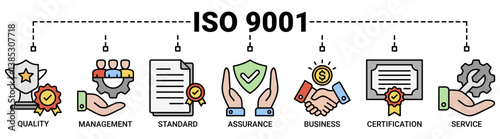ISO 9001 banner web icon vector illustration concept with icon of quality, management, standard, assurance, business, certification and service icons symbol background.