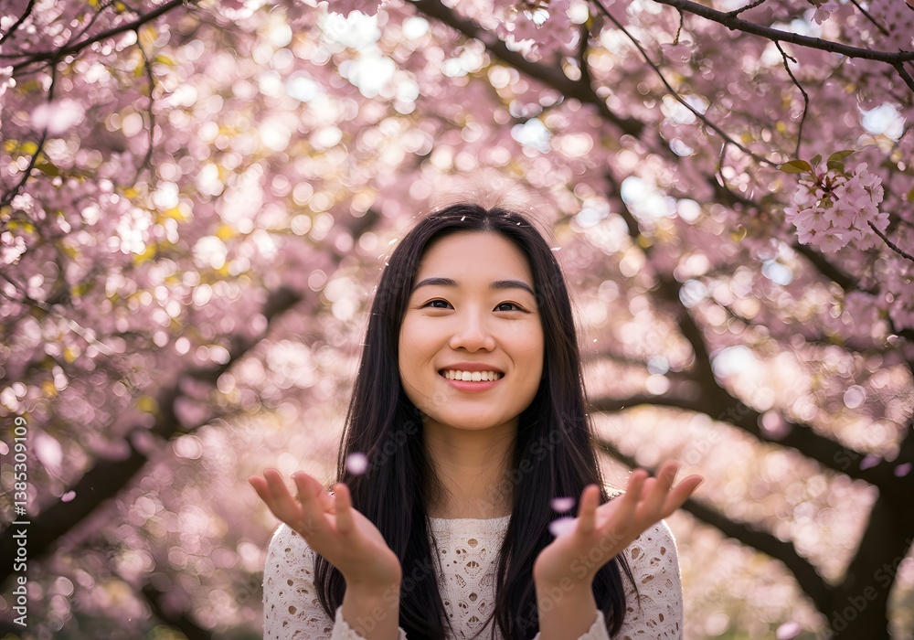 Smiling Asian Woman Under Cherry Blossom Trees Spring Portrait, Happiness and Natural Beauty. Smiling Asian Woman Under Cherry Blossom Trees Spring Portrait, Happiness and Natural Beauty.