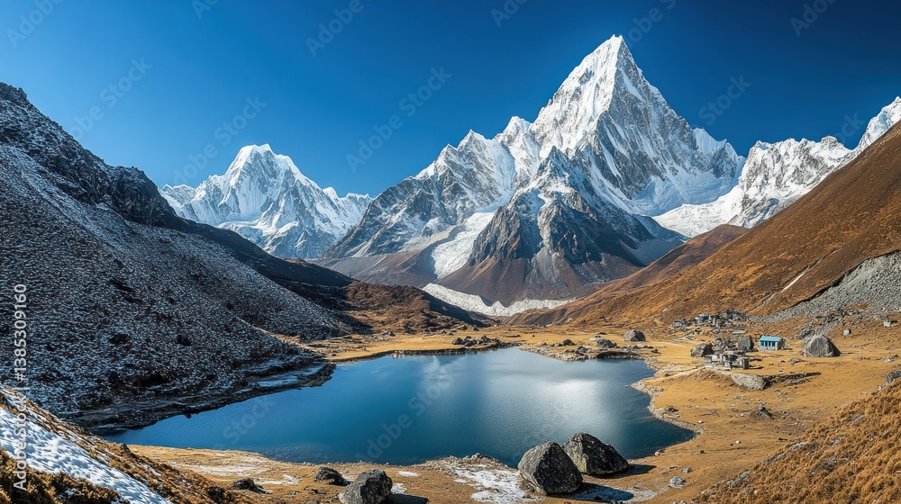 Obraz premium Himalayan lake, snow-capped peaks, autumn valley, trekking camp