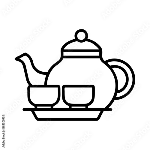 Outline drawing of teapot with cups for tea ceremony and tea time relaxation and enjoyment concept