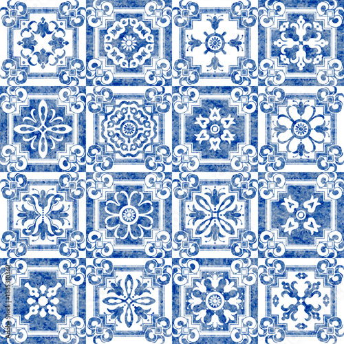 Watercolor seamless pattern of hand drawn tiles with geometrical and floral ornaments