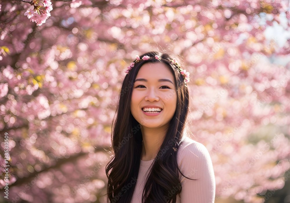Happy Asian Woman with Floral Crown Smiling Under Cherry Blossom Trees Spring Portrait. Happy Asian Woman with Floral Crown Smiling Under Cherry Blossom Trees Spring Portrait.
